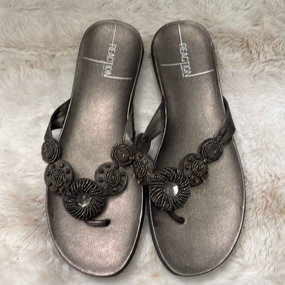 W’s size 10 Reaction Kenneth Cole grey metallic jeweled sandal. Never worn!